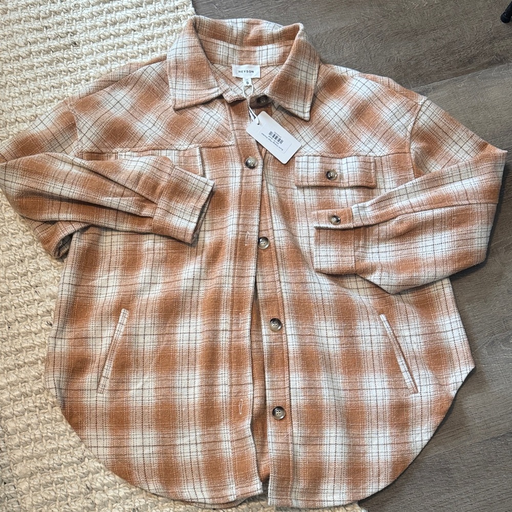 Cream & orange Plaid Button-Up Shirt Jacket ~ heavy duty